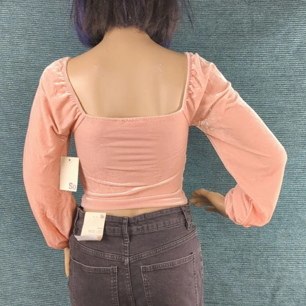 Barbie Pink Velvet Long Sleeve Ruched Crop Top, Square Neckline Juniors - Picture 7 of 13